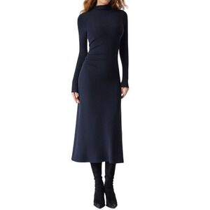 NWT OGL ProWarm Mock Neck Tucks Midi Dress L Midnight Navy Eco-Mousse Thermal